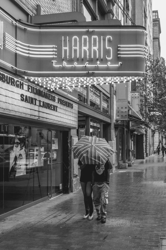 Pittsburgh, umbrella, street photography, Harris theater, black and white, urban 