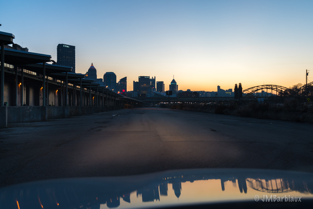 pittsburgh, street photography, reflection, car, leica, sunset